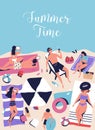 Vertical poster with sunbathing, chilling people on beach vacation. Summer time handwritten phrase. Sip cocktail, lying Royalty Free Stock Photo