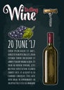 Vertical poster. Wine tasting lettering. Bottle, corkscrew, bunch of grape