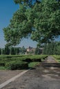 Vertical of the Prangins Castle in green woods in Switzerland