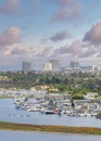 Vertical Puffy clouds at sunset High angle view of Newport Beach harbor in Orange County, Califo