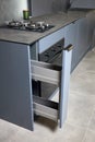 Vertical pull out rack cabinet drawer. Flush up slip handle finger pull handle of drawers for dishes, compact high