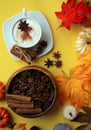 Vertical Pumpkin Spiced Coffee top view with star anise and cinnamon