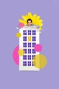 Vertical purple color collage image artwork of positive cheerful guy stand behind big building residence rejoice buy new