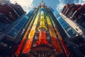 Vertical rainbow structure against an urban cityscape, creating a vibrant and dynamic atmosphere, perfect for modern and archit