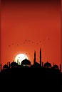 Vertical Ramadan Kareem banner or greeting card with silhouettes of a mosque with sunset,Peaceful Month of Ramadan in minimalist,