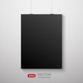 Vertical realistic poster mockup with black sheet of paper A4 on a rope. Vector background