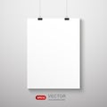 Vertical realistic poster mockup with sheet of paper A4 on a rope. Vector background