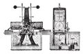 Vertical reciprocating saw blade with a several truck for logs, vintage engraving