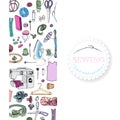 Vertical rectangle composition with   items for sewing. Hand drawn ink and colored sketch of different elements. Royalty Free Stock Photo