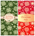Vertical red and green labels with paper cut out snowflakes for winter holidays sale