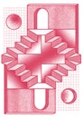 Vertical red white illustration of optical illusion Penrose stairs