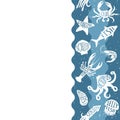 Vertical repeating pattern with seafood products. Seafood seamless banner with underwater animals.