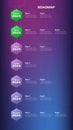 Vertical roadmap with hexagon stages on purple blue background. Timeline infographic template for business presentation. Vector