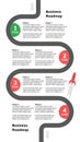 Vertical roadmap with winding road with milestones and rocket on white background. Infographic timeline template for business