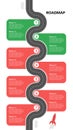 Vertical roadmap with winding road with milestones and rocket on white background. Infographic timeline template for business