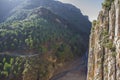 Vertical rock wall and road at Gorge of the Gaitanes