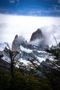 Vertical Rocky snowy mountain peaks with amazing view. Fitz Roy in Argentina