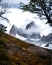 Vertical Rocky snowy mountain peaks with amazing view. Fitz Roy in Argentina