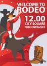Vertical rodeo poster on red background. Flat bull and man riding.