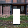 vertical roll up banner 3d render mockup stand in front of house on Royalty Free Stock Photo