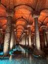 Vertical of the rows of columns and sculptures in the restored Basilica Cistern, Istanbul, Turkey