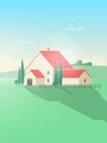 Vertical rural landscape with farm building or cottage and green field or meadow against beautiful sky on background