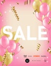 Vertical sale banner with pink, gold balloons and confetti ribbons. Festive background for advertising and marketing in retail