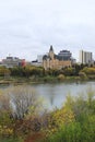 Vertical of Saskatoon, Canada cityscape over river Royalty Free Stock Photo