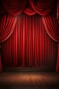 vertical scene background, red curtain on stage of theater or cinema slightly ajar Royalty Free Stock Photo