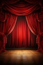 vertical scene background, red curtain on stage of theater or cinema slightly ajar Royalty Free Stock Photo