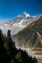 Vertical scenic photo of Gandaki river valley and snowcapped mountain peak, Himalayas Royalty Free Stock Photo