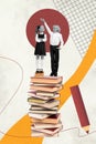 Vertical school study collage picture of funny classmates joke height stack books literature pencil writing isolated on