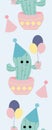 Vertical seamless border with cute pastel party cactus and balloons