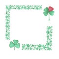 Vertical seamless border, frame made of watercolor vector clover leaves, shamrock, trefoil, quarterfoil. St. Patrick`s Day