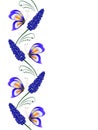 Vertical seamless pattern with hyacinths of muscarinic blue grapes and butterflies.