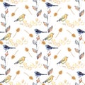 Vertical seamless pattern with plants and birds.