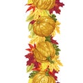 Vertical seamless vector line with autumn leaves and pumpkins Royalty Free Stock Photo