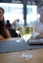 Vertical selective focus shot of a glass of cold white wine