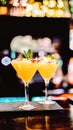 Vertical selective focus of two cocktail drinks in a martini glass on a bar table Royalty Free Stock Photo