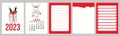 Vertical set calendar template for february 2023 with cute cupid rabbit and planner pages, notes and to do list. Vector