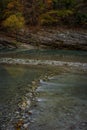 Vertical of the shallow water of Verdon river surrounded by autumn trees in Blanc-Martel, France