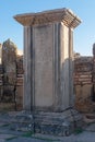 Vertical shor of the writing on the wall of the famous Roman ruins in Timgad, Algeria