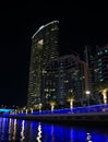 Vertical shot of Address Dubai Marina hotel at night. Dubai, United Arab Emirates. Royalty Free Stock Photo