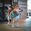 Vertical shot of an adorable shiba inu on blurred background