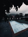 Vertical shot of an aesthetic wallpaper with the word serine against the swimming pool in the yard