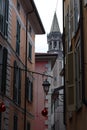 Vertical shot of the colorful buildings in Italy decorated with Christmas ornaments and lights Royalty Free Stock Photo