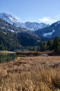 Vertical shot of an amazing view of mountains and a small lake among them Royalty Free Stock Photo