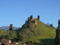 Vertical shot of the ancient towers of Omalo, Tusheti, Georgia at dawn in summer