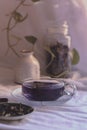 Vertical shot of an antioxidant-rich herbal blue butterfly pea tea for a relaxing autumn afternoon