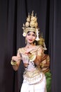 Vertical shot of the Apsara dancing performance by Cambodian actress in Phnom Penh